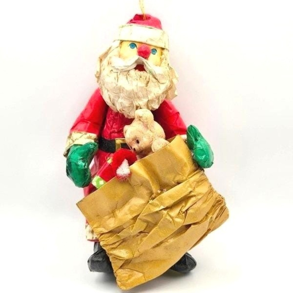 Vintage 70s Paper Mache Santa Claus Ornament Teddy Bear Gift Bag Christmas Decor